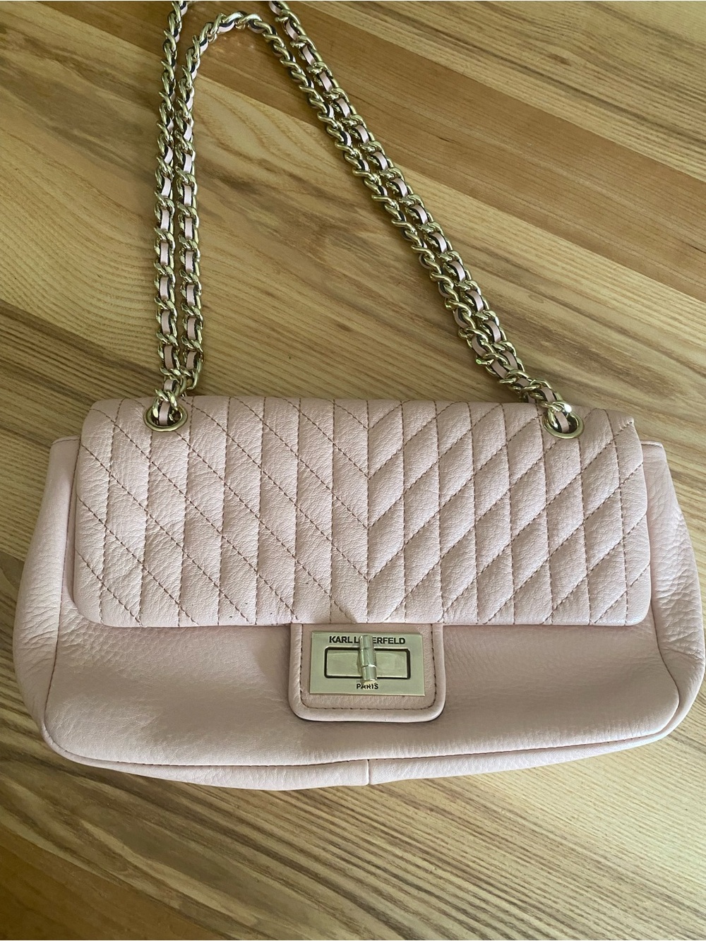 Karl Lagerfeld Blush Quilted Chevron Leather Shoulder Bag with Gold Chain